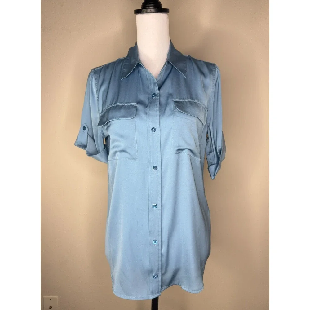 Equipment Femme Satin Shortsleeve Button Shirt Blue Preppy Office Old Money Chic - Picture 2 of 11